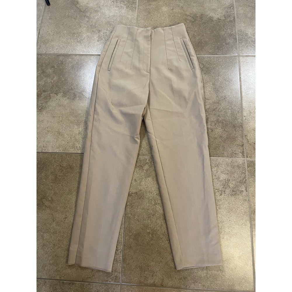 Zara Womens Sz S High Waisted Tapered Trousers Beige Seam Detail Dress Pants